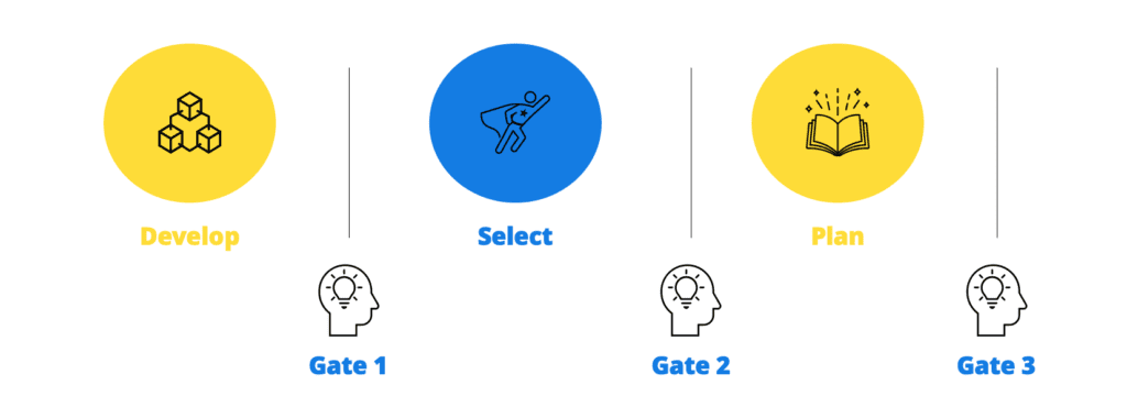 Project gate review system showing develop, select and plan with Gate 1, Gate 2 and Gate 3 review placeholders.